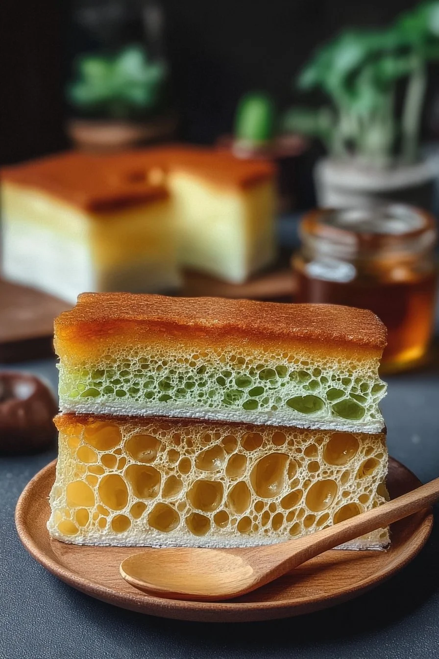 A slice of Easy Vietnamese honeycomb cake dessert with a golden, fluffy texture.