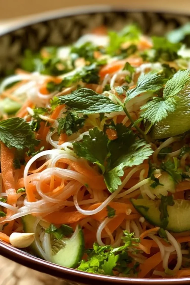 Bowl of easy Vietnamese noodle salad with fresh vegetables and herbs