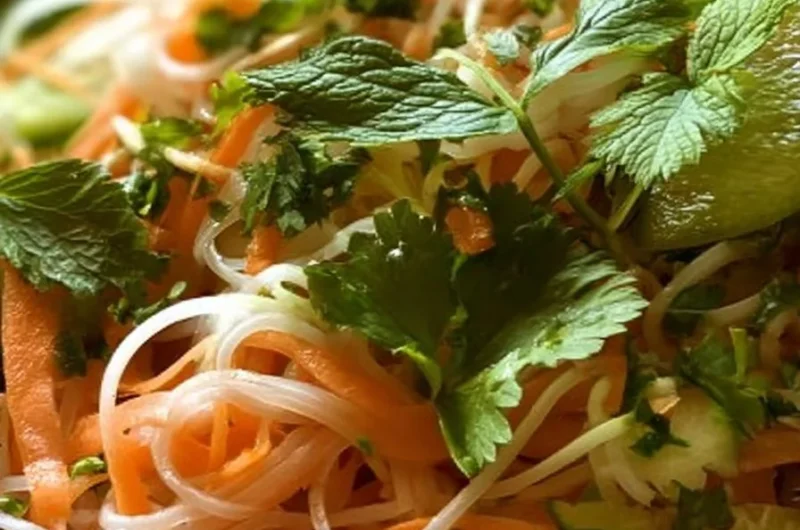 Bowl of easy Vietnamese noodle salad with fresh vegetables and herbs