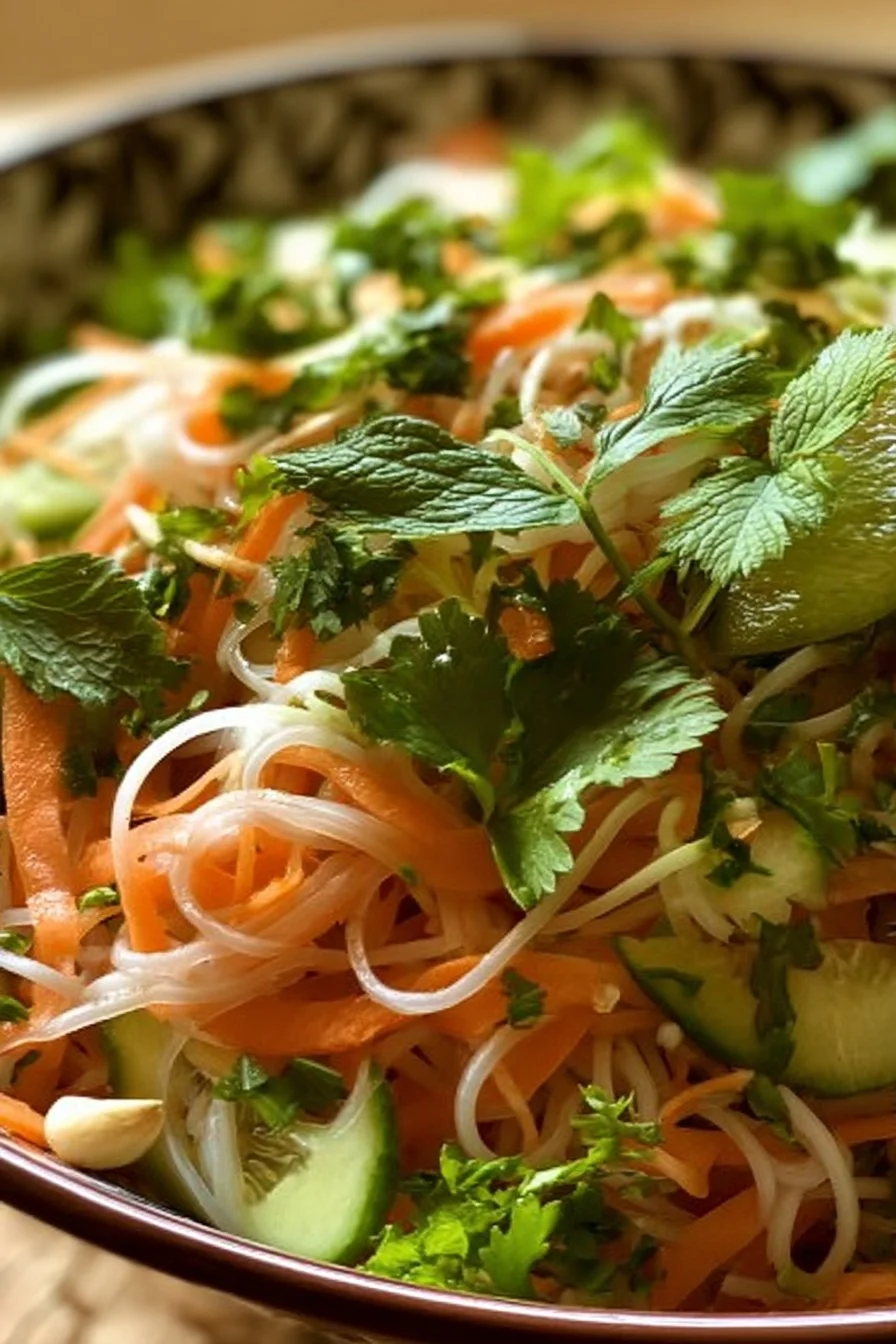 Bowl of easy Vietnamese noodle salad with fresh vegetables and herbs