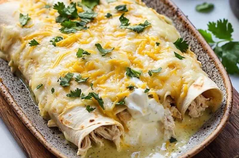 Delicious easy white chicken enchiladas topped with creamy sauce