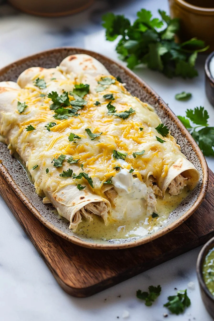 Delicious easy white chicken enchiladas topped with creamy sauce