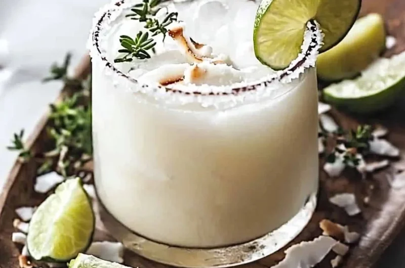 Festive White Christmas Margarita cocktail in a glass with holiday decorations.