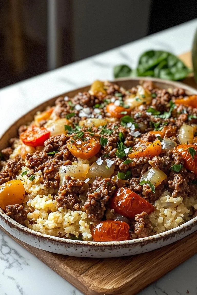 Easy Whole30 beef casserole topped with fresh herbs and vegetables