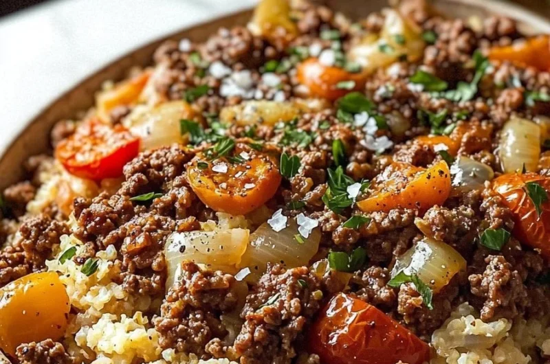 Easy Whole30 beef casserole topped with fresh herbs and vegetables