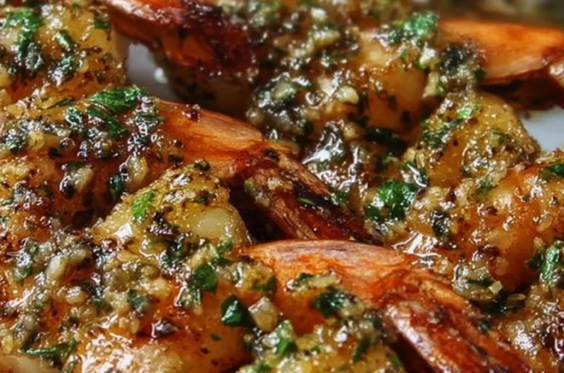 Flavorful grilled shrimp skewers glazed with garlic butter on a platter