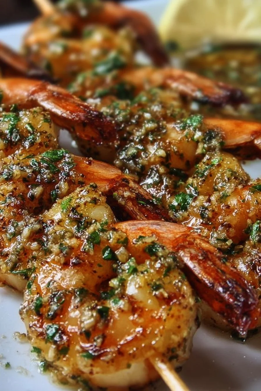 Flavorful grilled shrimp skewers glazed with garlic butter on a platter