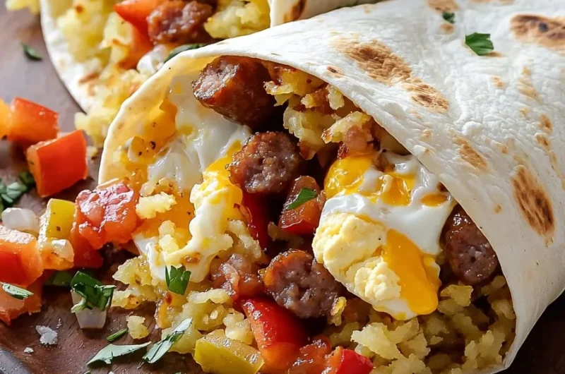 Freezer breakfast burritos filled with hash browns and eggs ready for freezing.