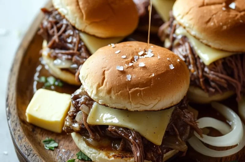 Delicious French dip sliders served with dipping sauce on a plate