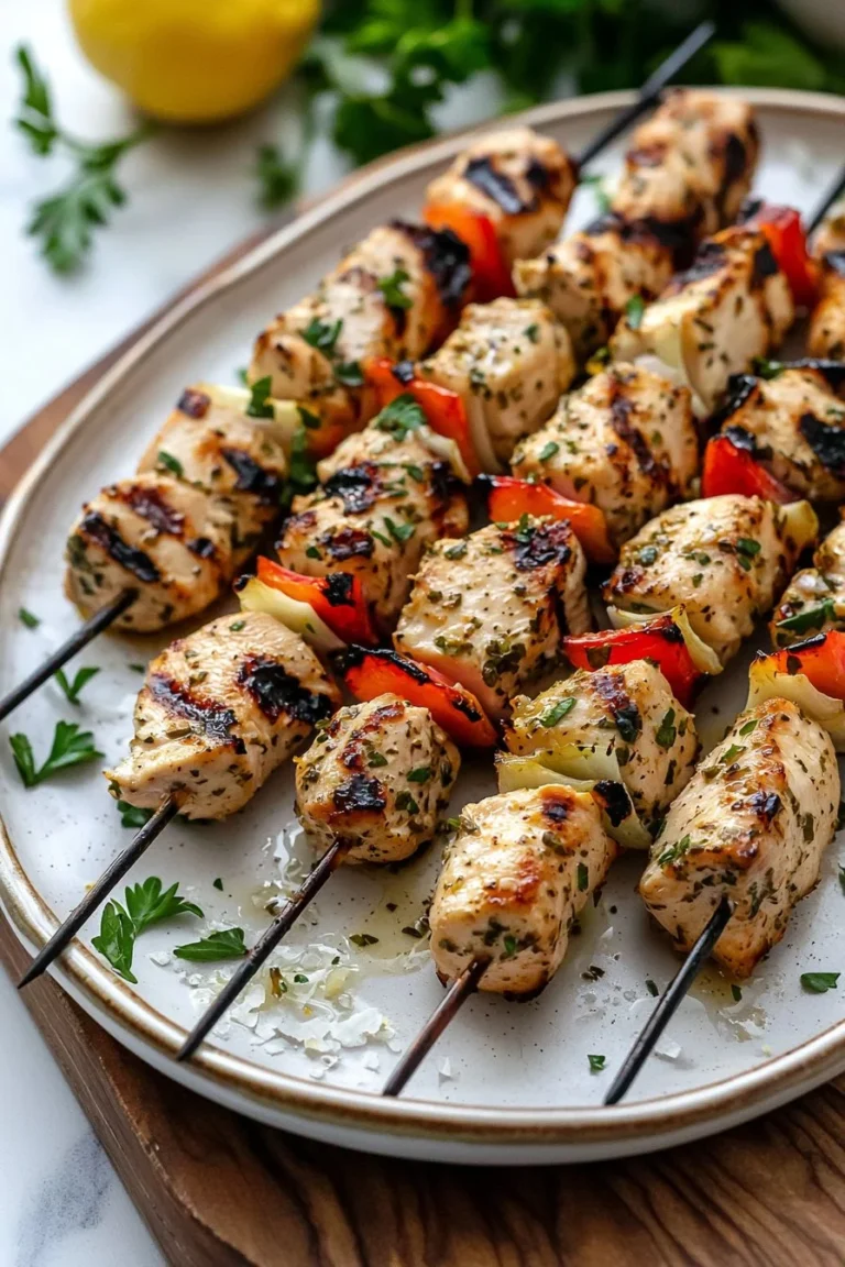 Grilled Greek marinated chicken kabobs served on a platter with vegetables.