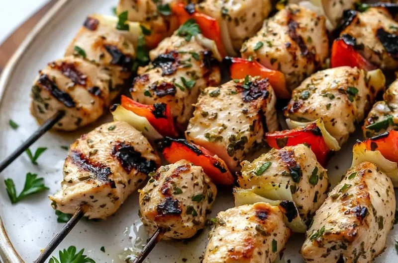 Grilled Greek marinated chicken kabobs served on a platter with vegetables.