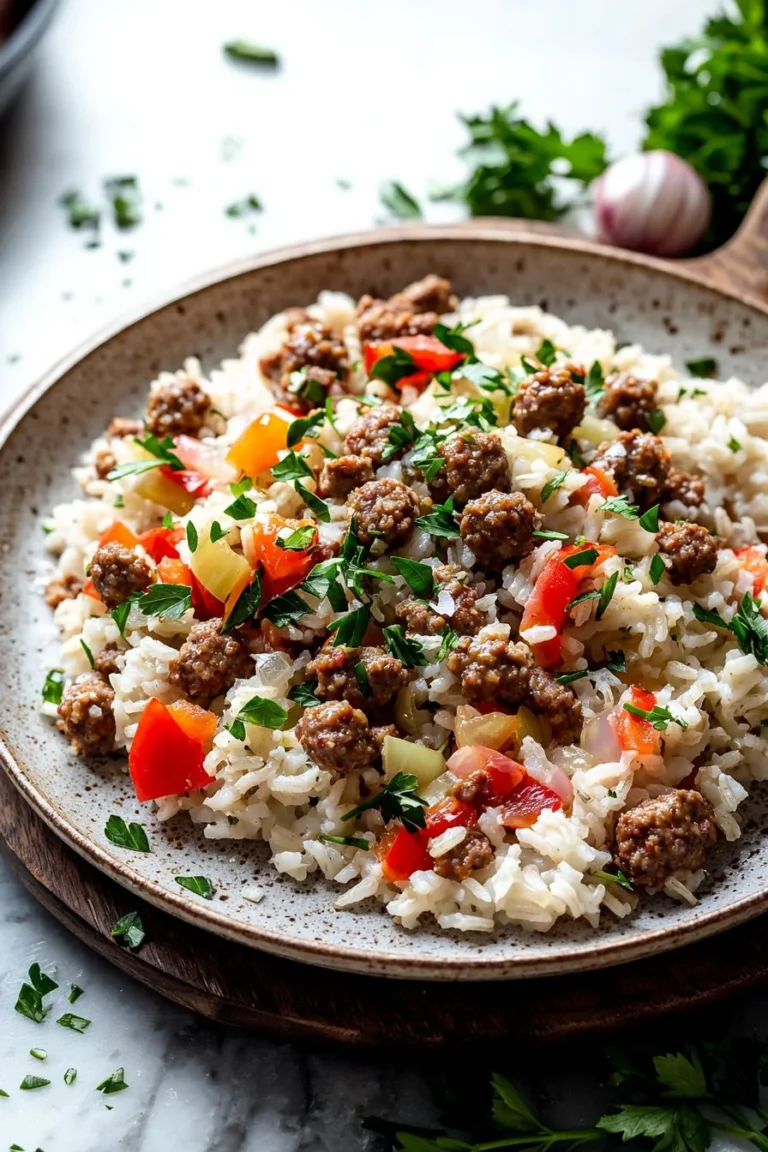 Ground Sausage and Rice Skillet dish served in a pan