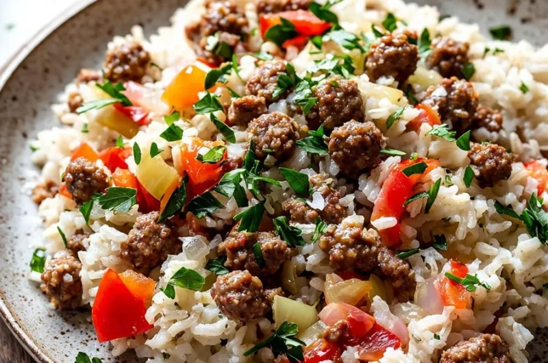 Ground Sausage and Rice Skillet dish served in a pan