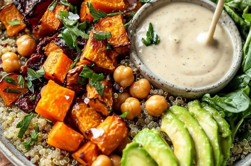 Harvest Quinoa Bowl topped with creamy tahini dressing and fresh vegetables