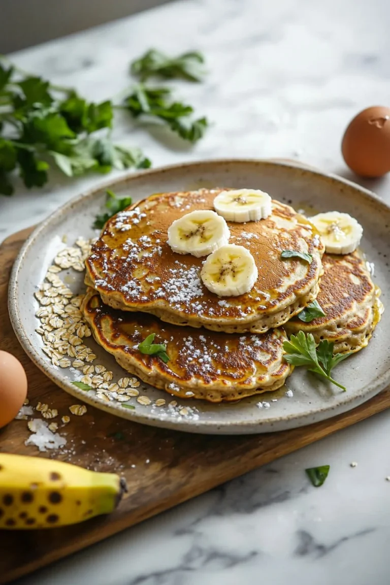 Healthy banana pancakes stacked on a plate, topped with fresh fruit and syrup