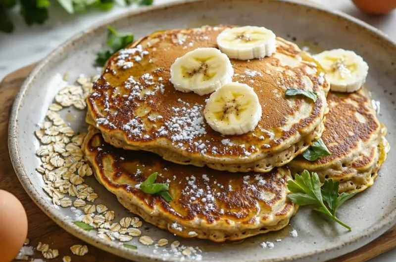 Healthy banana pancakes stacked on a plate, topped with fresh fruit and syrup