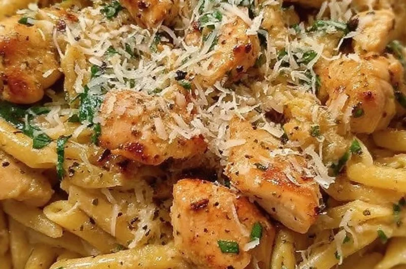 Healthy Garlic Parmesan Chicken Pasta with chicken, garlic, and parmesan cheese