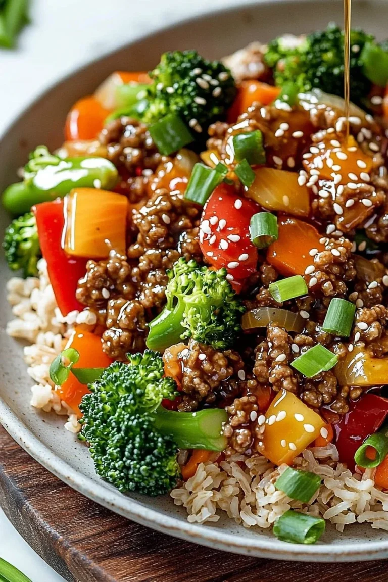 Healthy teriyaki ground turkey rice bowl with colorful vegetables