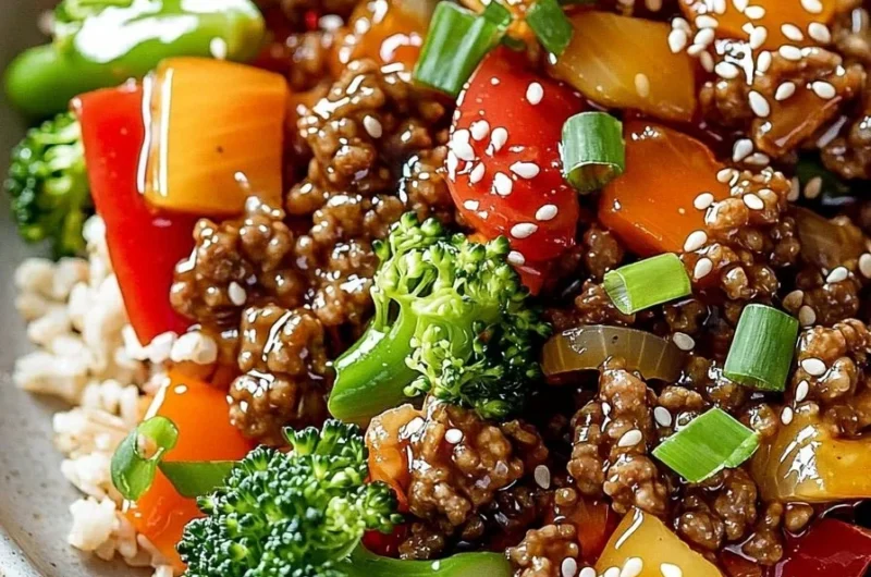 Healthy teriyaki ground turkey rice bowl with colorful vegetables