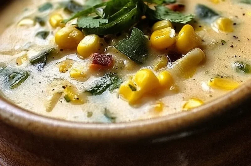Hearty roasted poblano corn chowder in a bowl with fresh herbs and corn.