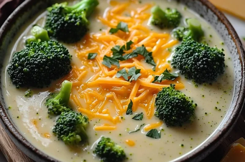 Bowl of high protein broccoli cheddar soup garnished with fresh herbs.