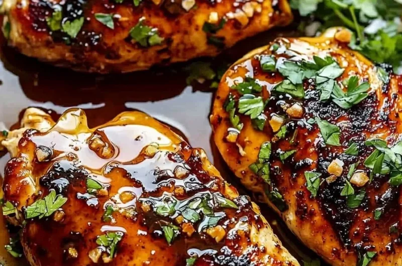 Juicy hot honey chicken breasts garnished with herbs and drizzled with hot honey
