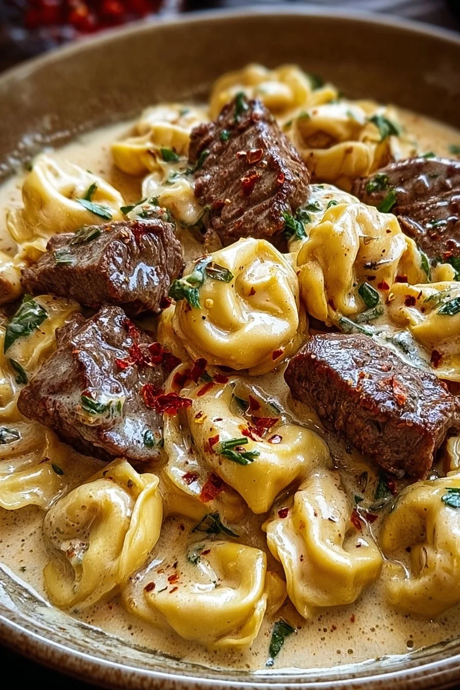 Irresistible Cracked Garlic Steak Tortellini in Creamhouse Sauce