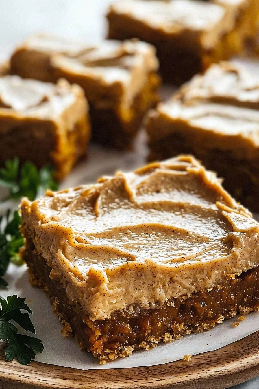 Delicious pumpkin bars with brown sugar frosting on a rustic wooden table