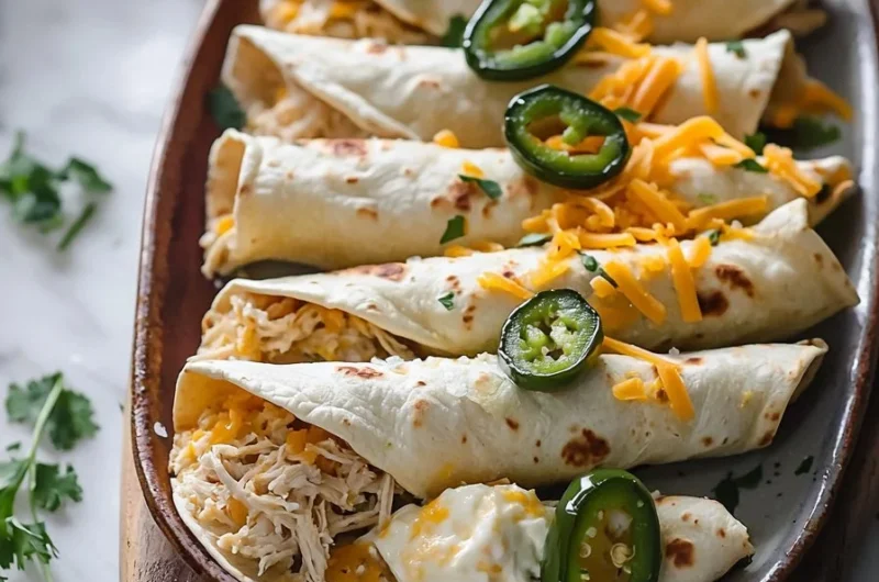 Jalape&ntilde;o Popper Chicken flautas served with dipping sauce on a plate