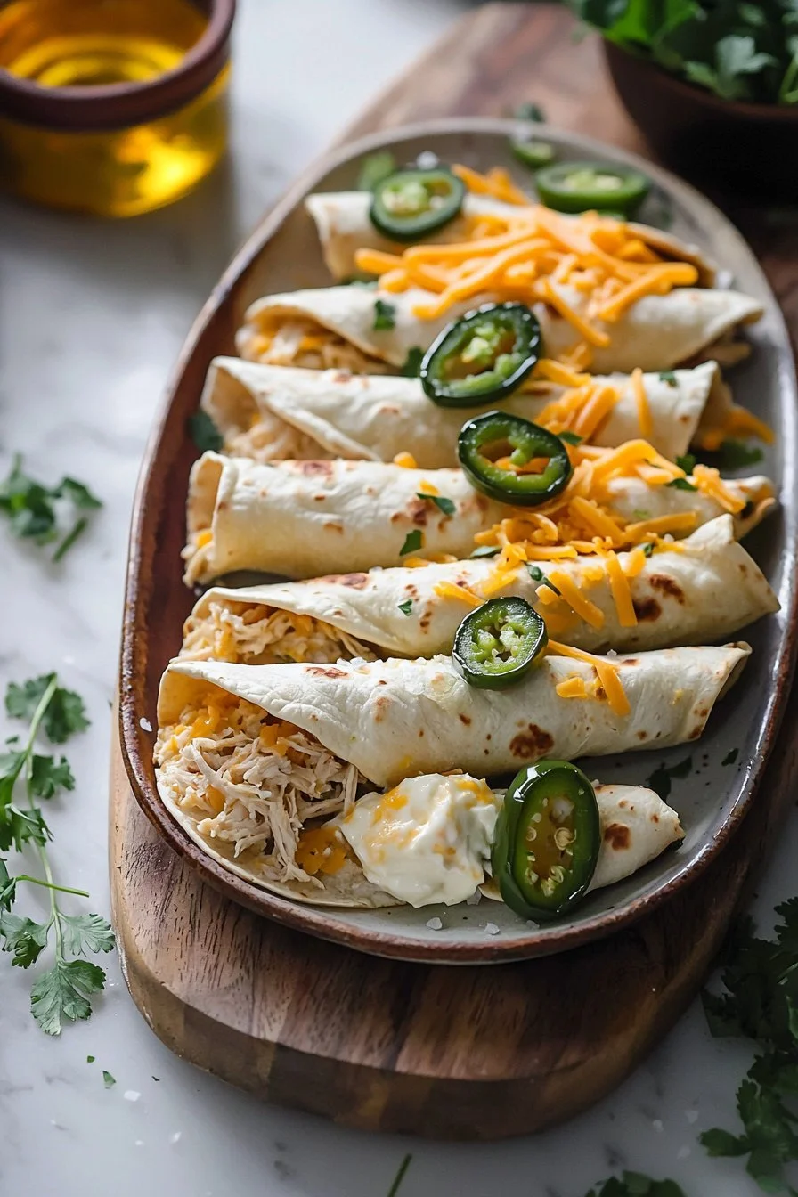 Jalapeño Popper Chicken flautas served with dipping sauce on a plate