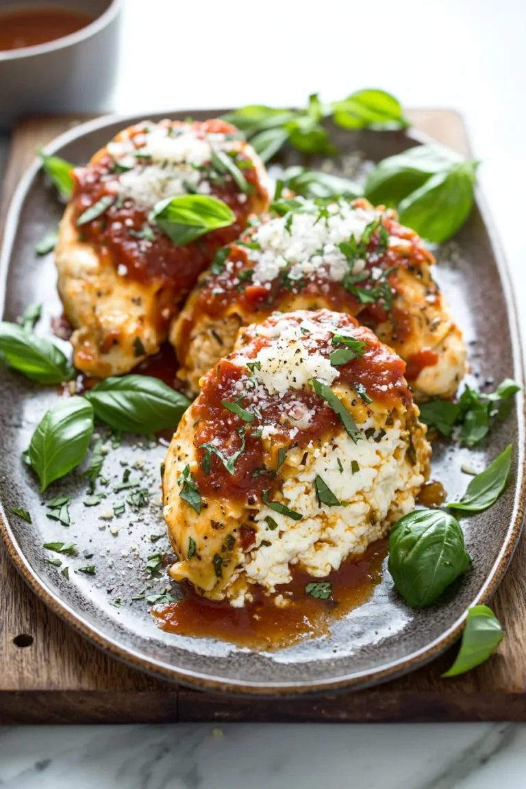 Delicious lasagna stuffed chicken breasts fresh from the oven