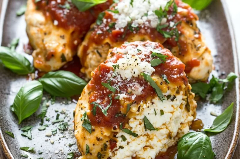 Delicious lasagna stuffed chicken breasts fresh from the oven
