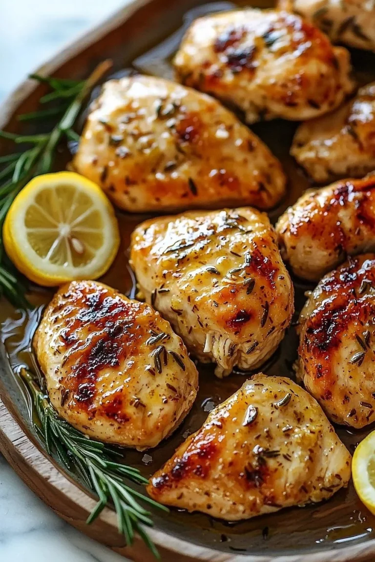 Lemon Garlic Rosemary Chicken served on a plate with fresh herbs.