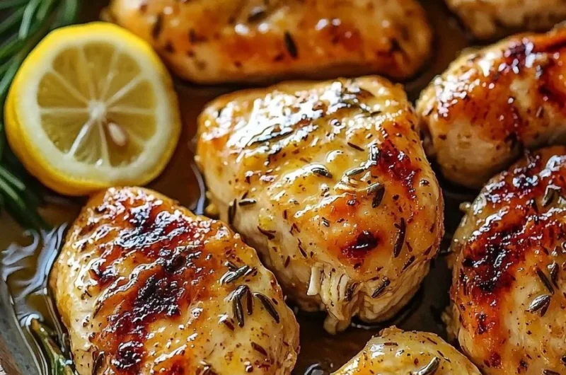 Lemon Garlic Rosemary Chicken served on a plate with fresh herbs.