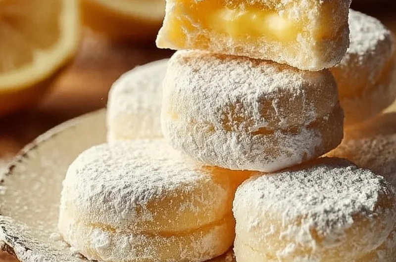 Plate of homemade Lemon Meltaways cookies sprinkled with powdered sugar