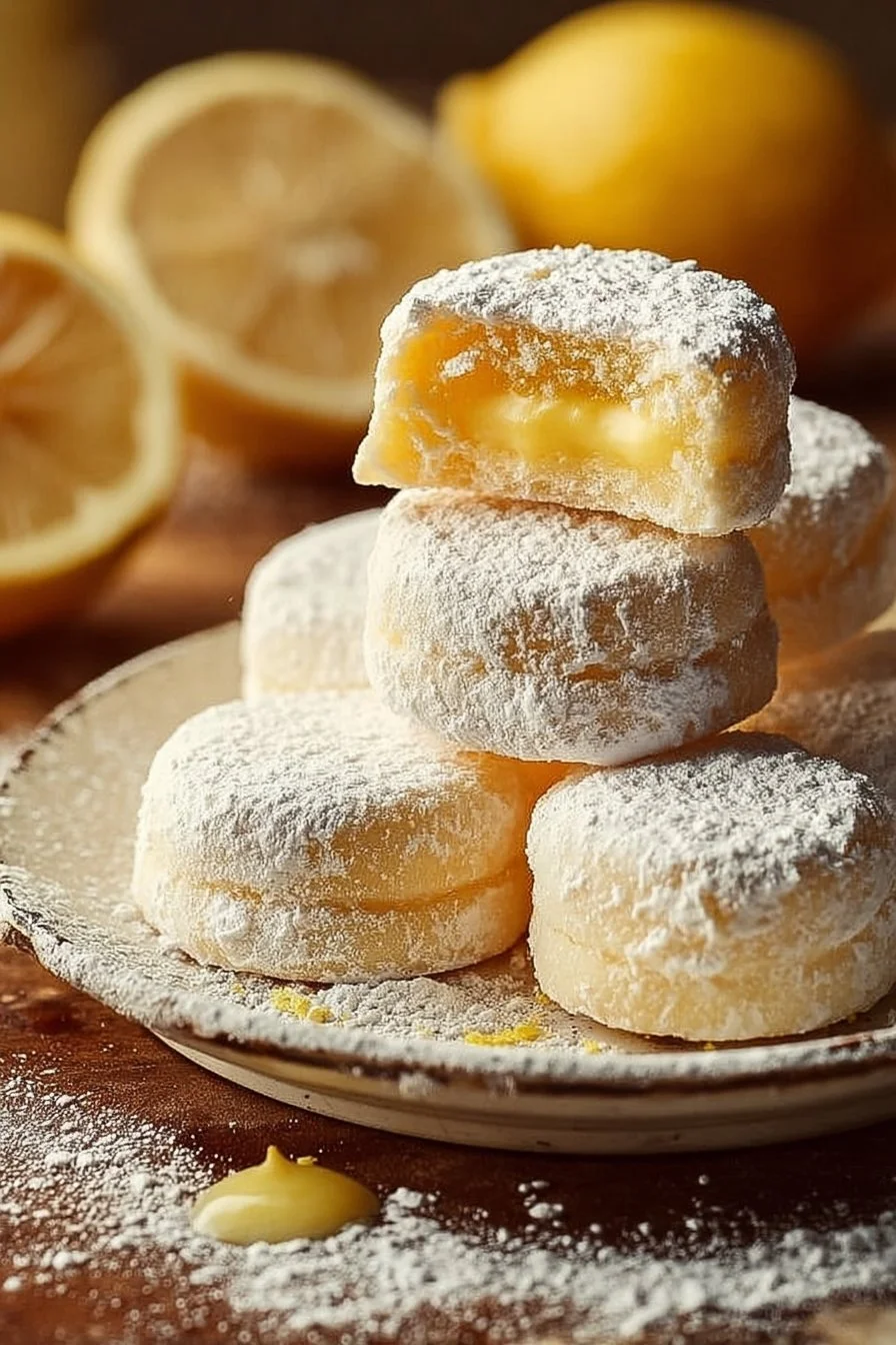 Plate of homemade Lemon Meltaways cookies sprinkled with powdered sugar