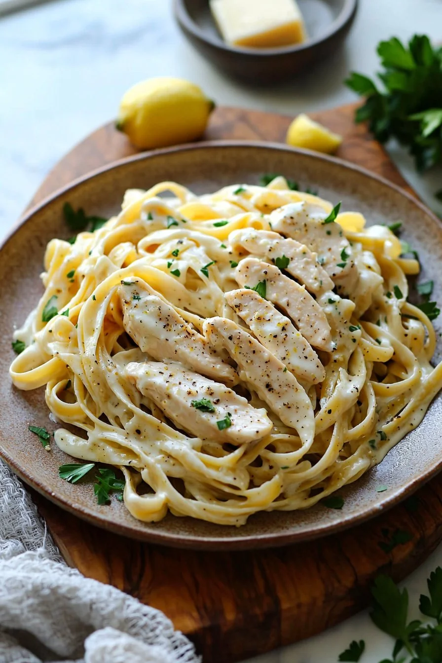 Creamy Lemon Pepper Chicken Alfredo Fettuccine served on a plate with parsley garnish
