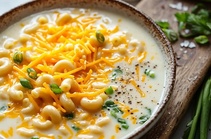 Delicious bowl of Mac and Cheese Soup topped with herbs and cheese