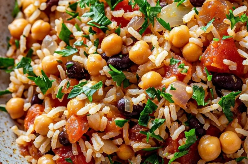 Delicious one-pot Mediterranean rice and beans with fresh herbs and spices