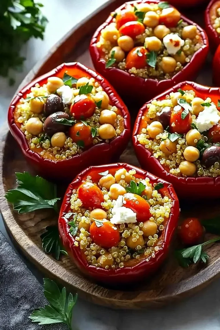 Mediterranean stuffed red peppers filled with rice, vegetables, and herbs