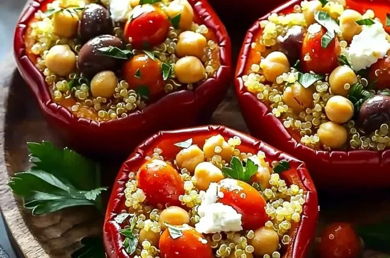 Mediterranean stuffed red peppers filled with rice, vegetables, and herbs