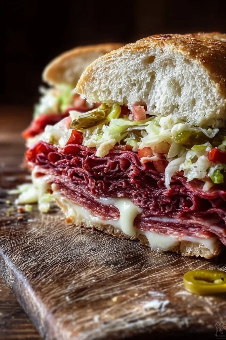 Delicious Muffuletta Sandwich with meats, cheeses, and olive salad on crusty bread.