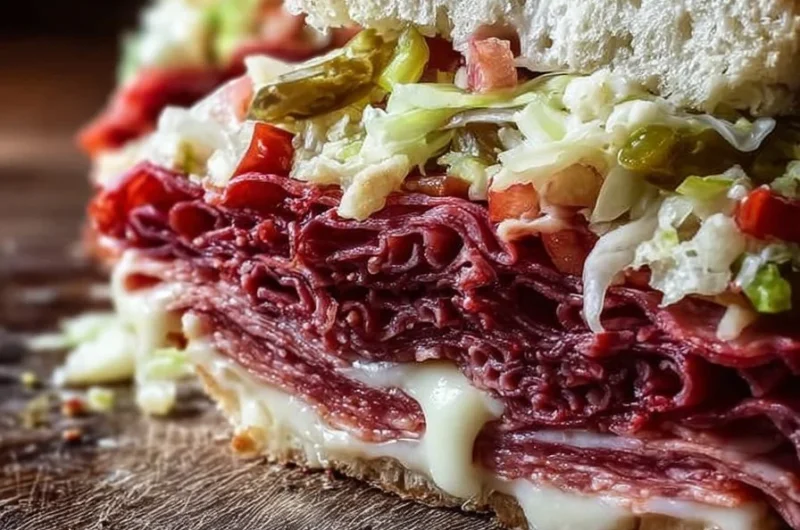 Delicious Muffuletta Sandwich with meats, cheeses, and olive salad on crusty bread.