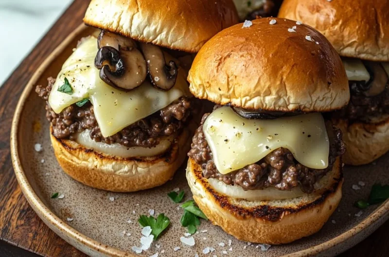 Mouthwatering Mushroom Swiss Sliders served on a platter.