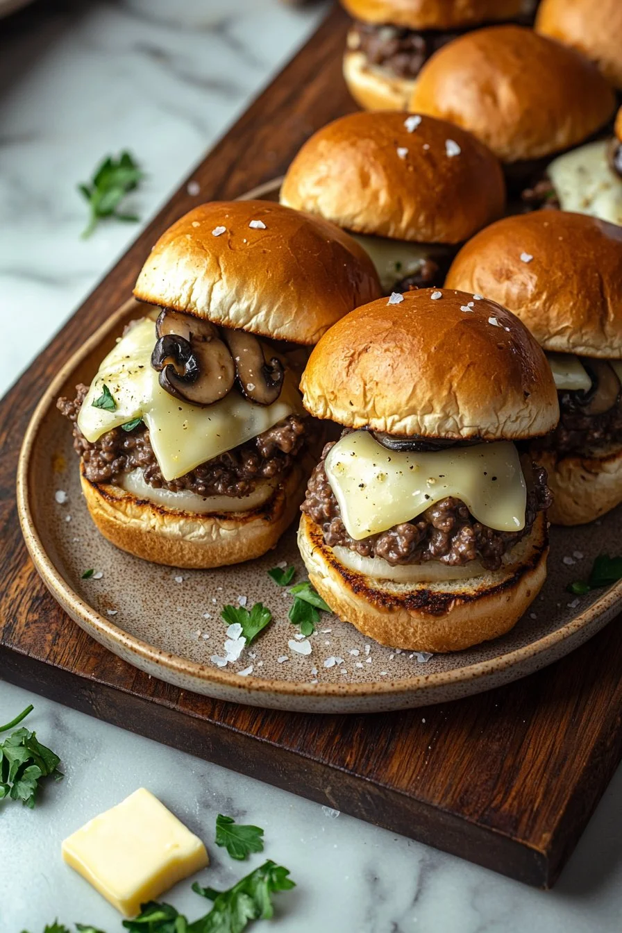 Mouthwatering Mushroom Swiss Sliders served on a platter.