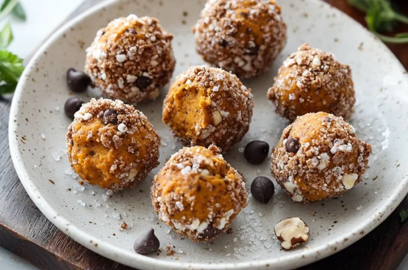 No bake pumpkin cheesecake balls on a plate garnished with whipped cream.