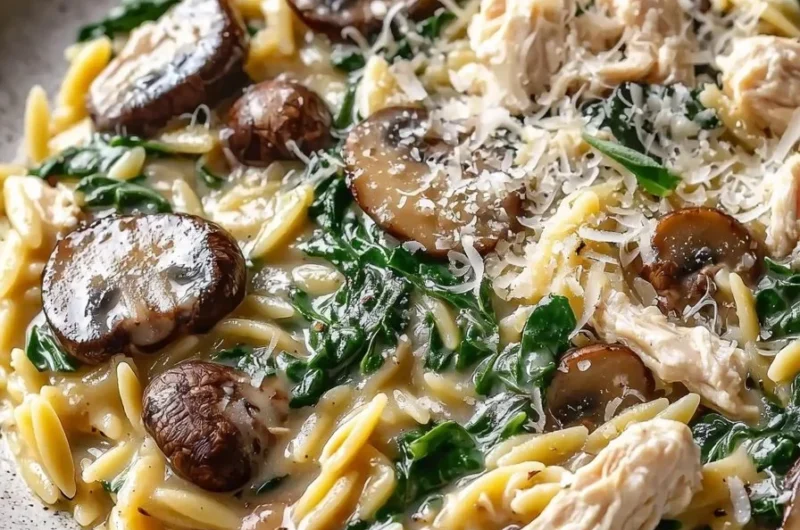 One-Pan Creamy Spinach Mushroom Orzo with Chicken dish served in a skillet