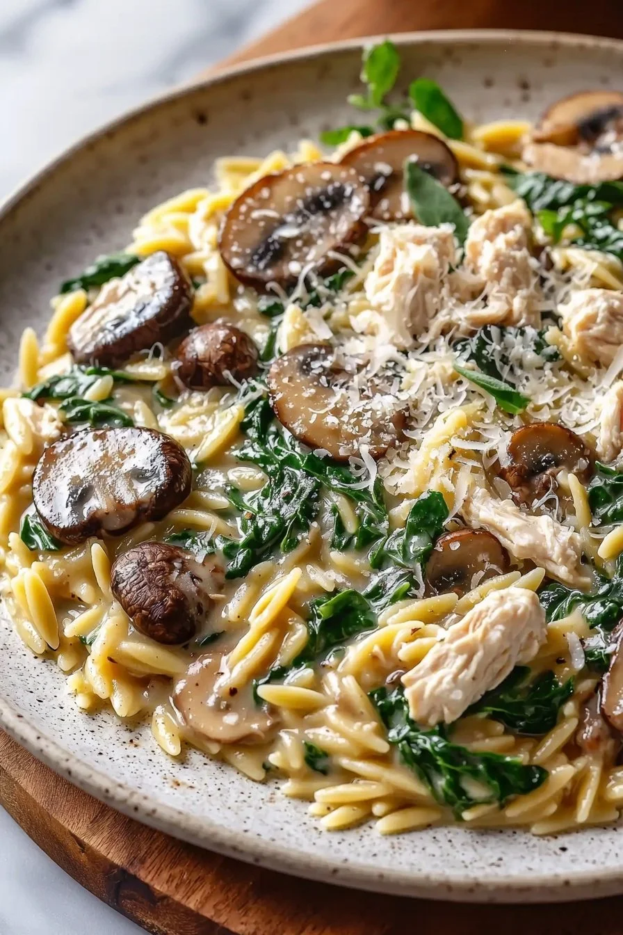 One-Pan Creamy Spinach Mushroom Orzo with Chicken