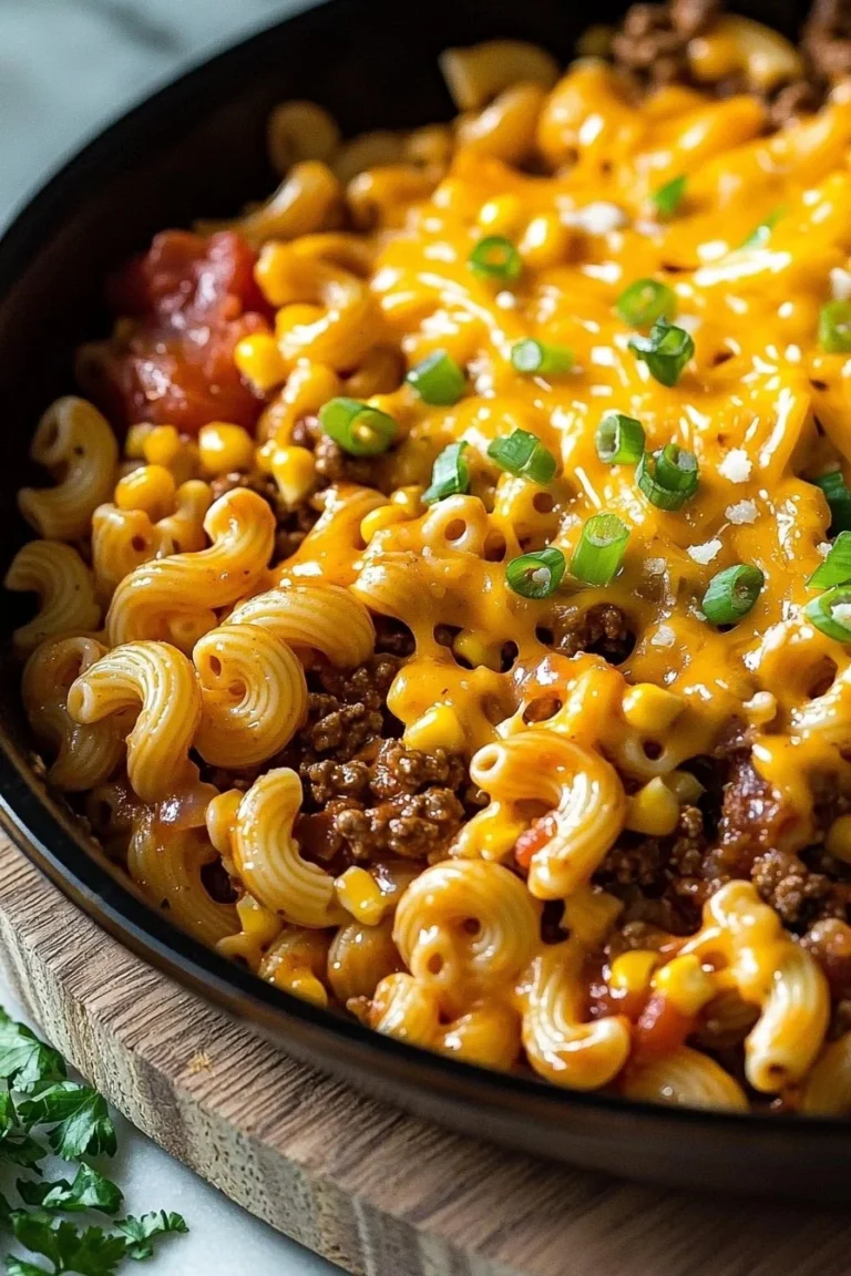 Delicious one-pot cheesy taco pasta in a skillet with vibrant toppings.