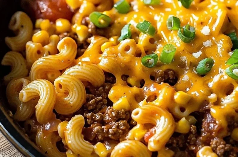 Delicious one-pot cheesy taco pasta in a skillet with vibrant toppings.